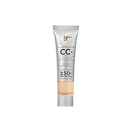 IT Cosmetics CC+ Cream Travel (Light Medium) - Natural Full Coverage Foundation With SPF 50+, Color Corrector & Anti-Aging Hydrating Serum, Hyaluronic Acid + Peptides, Up To 24H Wear - 0.4 fl oz