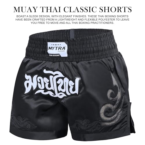 Mytra Fusion Pantalones Cortos Muay Thai Hombre Mujer – Slim Fit Short Length, Shorts de Kickboxing, MMA, Grappling, Entrenamiento y Artes Marciales (FR/ES, Letras, S, Regular, Regular, Negro) - imagen 4