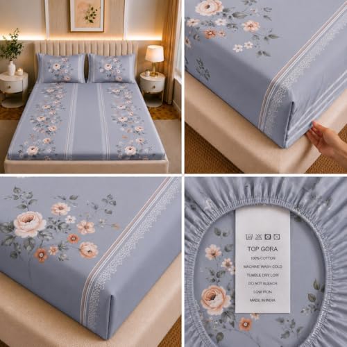 Image of Castiqa Elastic Fitted Supersoft Premium Polycotton 200TC King Size Bedsheet with 2 Pillow Covers (Fits up to 8 Inches Mattress) (L8 Blue, Full 72x78x8 Inch)