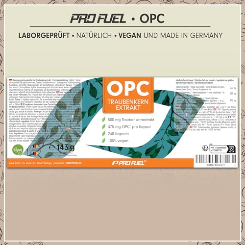 OPC Traubenkernextrakt - 240 OPC Kapseln mit 75% reinem O.P.C. je Kapsel - laborgeprüft (HPLC-Methode) mit Zertifikat: Echte 75% O.P.C.-Gehalt - 500 mg Traubenkernextrakt je Kapsel - 100% vegan
