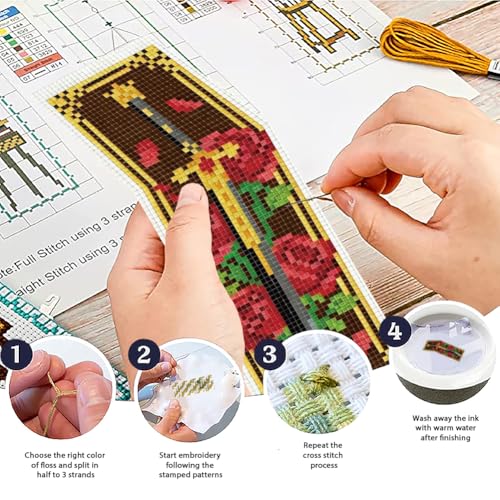 Image of ACRNIGHEET 6PCS Cross Stitch Bookmark Kit for Beginner Gothic Stamped Cross Stitch Kits Needlepoint Kit for Adults DIY Tassel Embroidery Bookmark Kits with Instructions Craft Gift 8.5 inchx3 inch 11CT