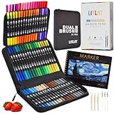 Litlat 72 Colouring Pens Set - Dual Tip Brush & Fineliner Marker Pens with A4 Hardback Bleedproof Artist Pad - Felt tip Pens for Adults & Kids Colouring Book Calligraphy Drawing set kids drawing set