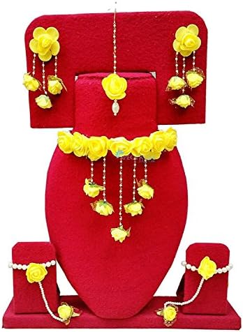 spectrumjaipur Gota and Pearl Necklace & Earrings & Bracelet & Maang Tika for Women & Girls (Yellow)