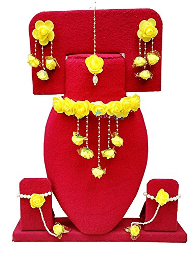 spectrumjaipur Gota and Pearl Necklace & Earrings & Bracelet & Maang Tika for Women & Girls (Yellow)
