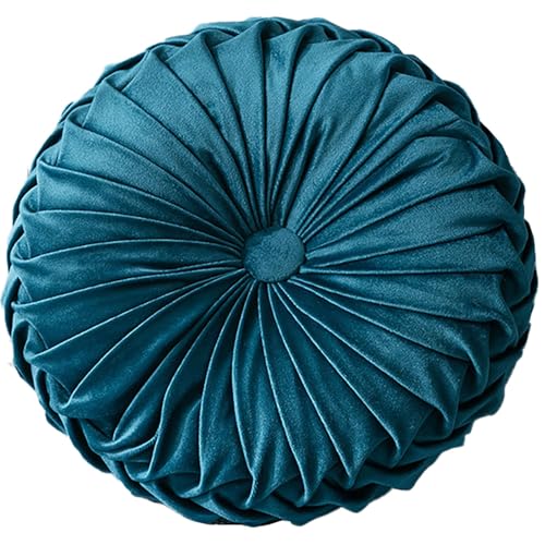 Odaima Round Pillows Velvet Pleated Circle Pillow Chair Cushion Floor Pillows Home Decorations, For Living Room Couch Chair Bed Car(Blue)