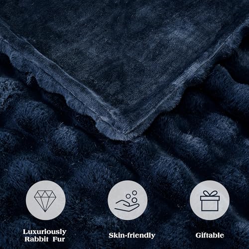 JONIYEAR Soft Fuzzy Bubble Faux Rabbit Fur Throw Blanket for Couch 50" x 60", Double Sided Textured Warm Fluffy Blanket for Winter,Luxury Cozy Puffy Shaggy Comfy Furry Blankets for Sofa Bed, Navy Blue