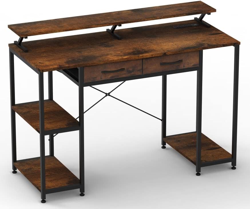 GIKPAL Computer Desk with Drawers, Study Work Desk with Storage Shelves, Office Desk with Monitor Stand, Writing Study PC Table for Home Office Gaming Workstation