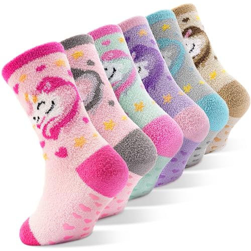 Tavaleu Kids Girls Fuzzy Socks with Grips, Cute Unicorn Fluffy Crew Socks