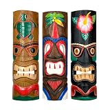 Zeckos Set of 3 Hand-Carved Polynesian Tiki Masks, 20 Inches High, Crafted from Indonesian Albesia Wood, Ideal Tropical Wall Decor with Exquisite Colorful Finish