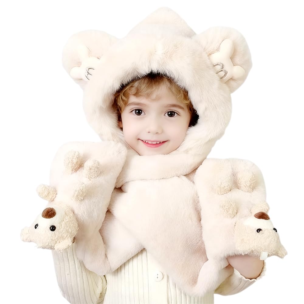 Hymbcfw Women's Pink-5 Teddy Bear Hat Scarf Gloves Set, Scarf With Mitten For Winter Warm Faux Fur Scarfs Hat Gloves Combo For Girls Boys Children Aged 4-10（A）