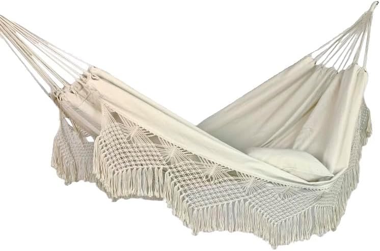 Hamaca Doble de Macramé con Motivo de Corazón, 200 x 150 cm (79 x 59 in) – Hamaca de Tela Boho para 2 Personas, Incluye Cuerdas y 2 Ganchos en S, Decoración de Playa para Patio Interior/Exterior (Beige)