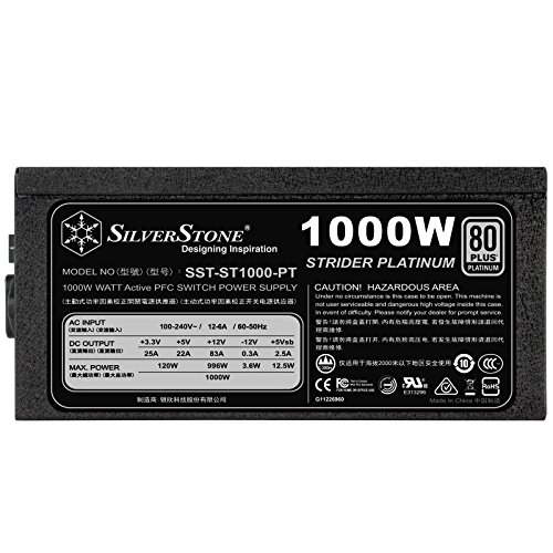 Image of SilverStone Technology ST1000-PT, 80 Plus Platinum 1000W Fully Modular ATX /PS2 Power Supply, SST-ST1000-PT-X