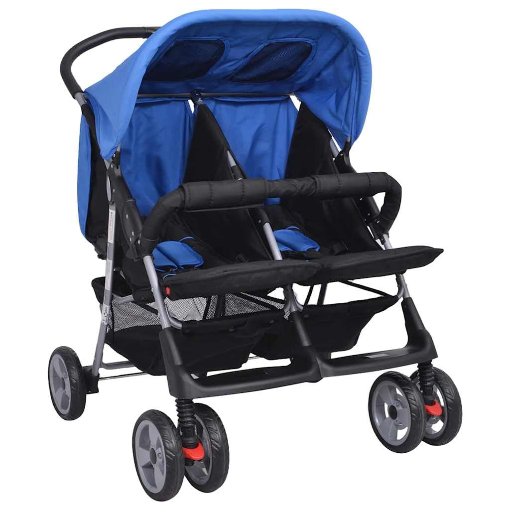 Carrito doble de acero azul y negro plegable con función reclinable y toldo, compacto y ligero para bebés y niños pequeños, ideal para la ciudad, viajes y terrenos