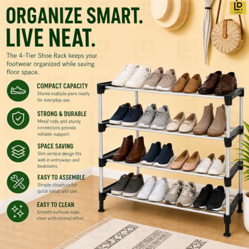 Image of LEOPAX 4-Tier Shoe Rack, Adjustable Shoe Shelf Storage Organizer Heavy Duty Iron Free Standing Shoe Rack for Entryway Closet Doorway - Black (58 x 31 x 72cm)
