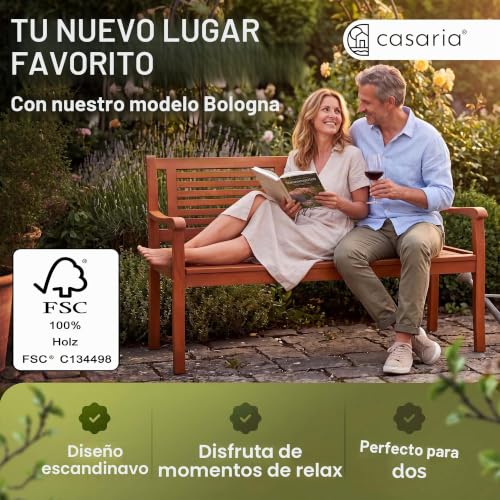 Banco de jardín de madera de eucalipto Casaria con reposabrazos para terraza de 2 plazas 5