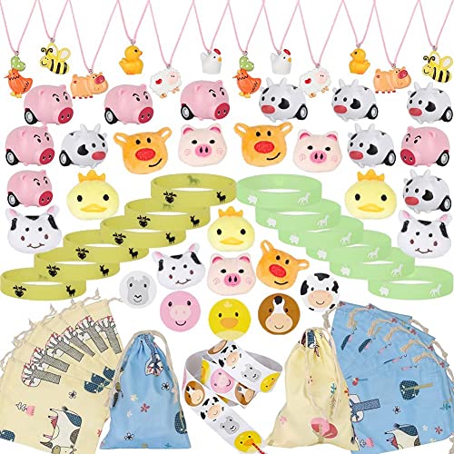 foci cozi 61 PCS Bauernhof Tier Party Gefälligkeiten Set, Scheune Party Kuh Bauernhof Schweine Halskette Armband Brosche…