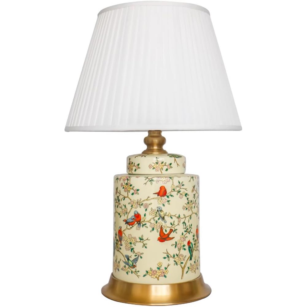SANBDDLYY Hand-Painted Chinese Ceramic Desk Lamp Pleated Fabric Shade - Elegant Flowers and Birds Design for Bedroom, Living Room, and Office