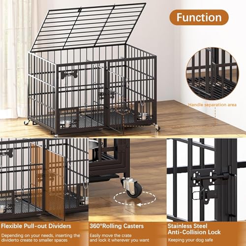 Hundekäfig, Hundebox mit Bodenschale, Hundekäfig mit Trennwand, Hundegitterbox mit 2 Türen und Tablett, 2 in 1 Doppelbox Hundegitterbox für Große und mittlere Hunde, 120 x 73 x 68 cm, Schwarz