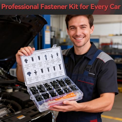 Image of 245Pcs Car Retainer Clips & Tools All-in-One Kit - 240 Black Push Pins (12 Sizes) with 5 Orange Pry Bars Stored Inside Box. Portable Bumper Fender Fastener Set for GM Ford (245Pcs)