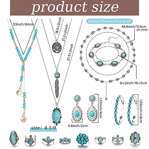 Florideco Bohemian Turquoise Jewelry for Women Men Western Turquoise Set Western Adjustable Belt Rings and Necklace Vintage Turquoise Drop Earrings Bracelet Western Boho Turquoise Jewelry for Women2