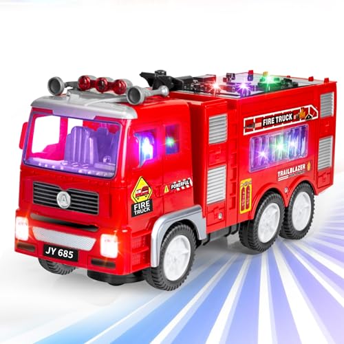 Tcvents Fire Engine Truck Toys for 3 4 5 6 Year Olds Boy Toddler, Bump and Go Firetruck with Flashing 4D Lights & Real Siren Sounds, Rescue Car Toys Gifts for Kids 3-8 Boys Girls