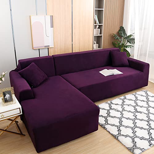 Sectional Sofa Slipcovers L Shape Couch Cover，2 Pcs Velvet Plush High Stretch Anti-Slip Sofa Slipcover For 3 + 3 Seaters Chaise，Furniture Protector Slip Cover For Living Room Kids Pets (Purple) #TOP30