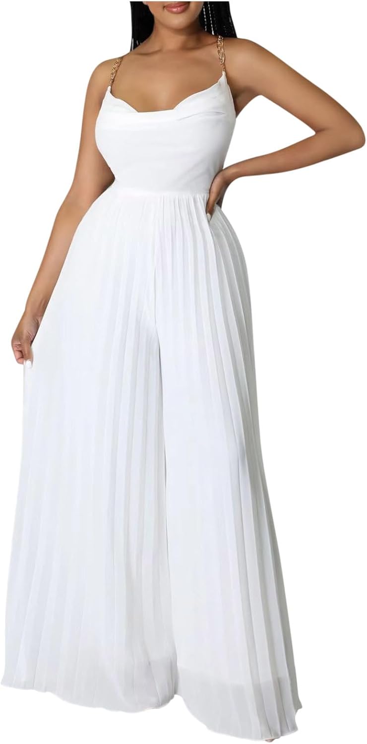HGps8w Jumpsuits for Women Dressy 2025 Summer Plus Size Sexy Cowl Neck Halter Chain Pleated One Piece Wide Leg Pants Romper