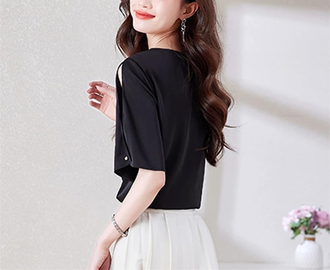 Chemisier d'été en satin pour femme - Manches courtes - Col rond - Couleur unie