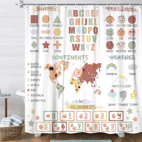 Image of Kids Educational Shower Curtain， Pastel ABC Alphabet Continents Map Numbers Shapes Weather Learning Tools Boy Girl Nursery Fabric Waterproof Polyester with 12 Pack Hooks Plastic