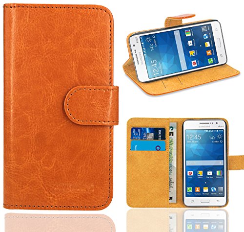 FoneExpert® Samsung Galaxy Grand Prime - Etui Housse Coque en Cuir Portefeuille Wallet Case Cover pour Samsung Galaxy Grand Prime SM-G530 G530FZ (Wallet Orange)