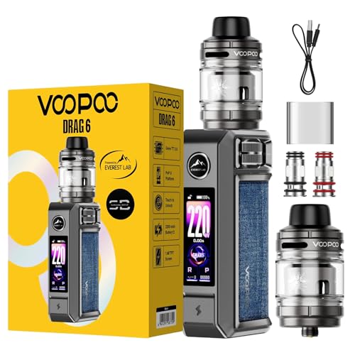 Voopoo Drag 6 Vape Kit [Metal Grey] - Available in 7 colours - 3A Fast Charge 2200mAh*2 (4400) Battery 220W Max 1.66 TFT - Compatible with UForce-X Tank II and PNP X Coils - No Nicotine