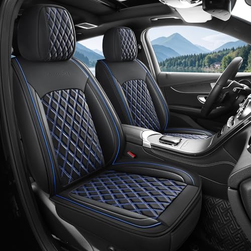 crossmiles 5PCS Leather Car Seat Covers - Waterproof Protection, Super Breathable, Stylish Auto Accessories for Most Car Front and Back - Universal Car Seat Cover - Black/Blue-Diamond