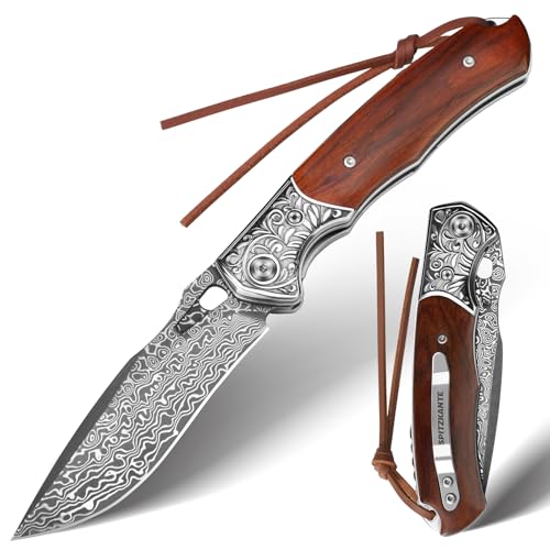 SPITZKANTE Damast-Taschenmesser CRIMSON FANG, Kompaktes, Leichtes EDC Klappmesser mit Holzgriff, Zweihandmesser, Liner Lock, Perfekt für Alltag, Paket, Obst, §42a-konform