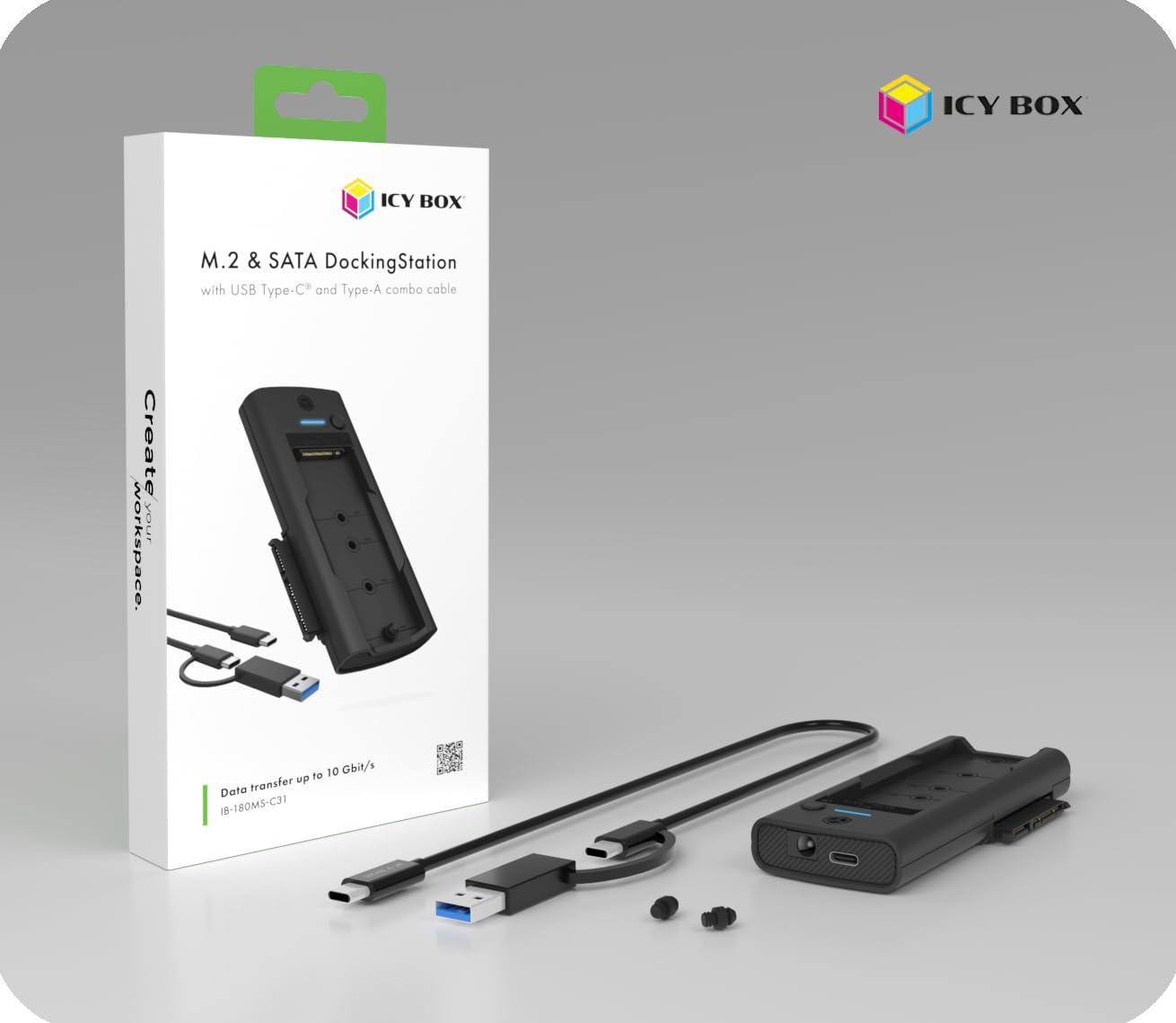 ICY BOX IB-180MS-C31 Station d'accueil pour SSD M.2 NVMe et SATA (USB 3.2 Gen 2, 10 Gbit/s, câble USB-C/USB-A, SATA 2,5"/3,5", Plug & Play)
