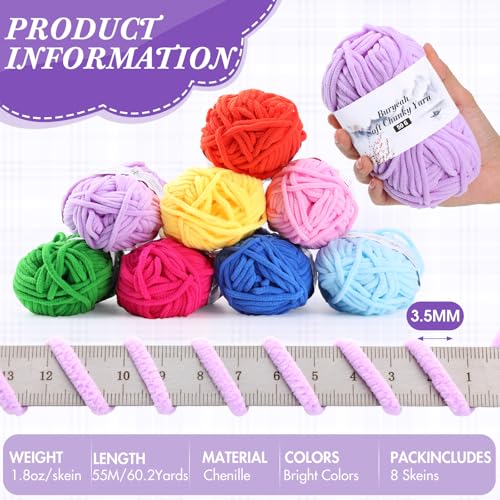 Image of Buryeah 8 Packs #5 Skinny Chenille Yarn for Hand Knitting Crocheting 50g /1.76oz Thin Soft Chunky Plush Beginner Yarn Size 5 for Crochet Small Plush DIY Crafts Blankets, 480 yd Total(Bright Colors)