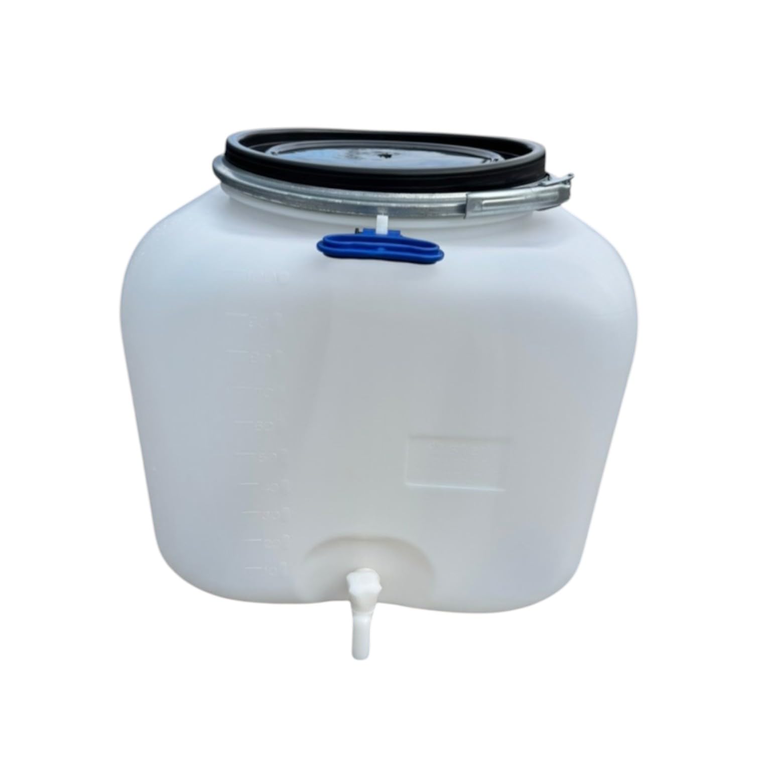 Jordan & Jordan — Bidon Cube 100L Blanc PEHD — 50×50×50cm — Ouverture Ø34cm Cerclage Levier + Robinet — Certifié Alimentaire sans BPA