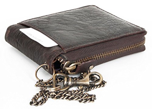 FLW Large Natural Strong Dark Brown Genuine Leather with Metal Zipper Around with Chain - Image 3