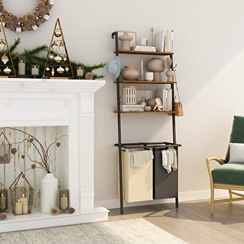 Webetop Laundry Hamper with Shelf, Laundry Sorter 2 Sections, 3-Tier Bathroom Ladder Shelves for Laundry Room, Bedroom, Living Room, Rustic Brown
