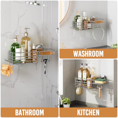Image of LEVERLOC Shower Caddy Suction Cup, Silver Shower Organizer With Hooks
