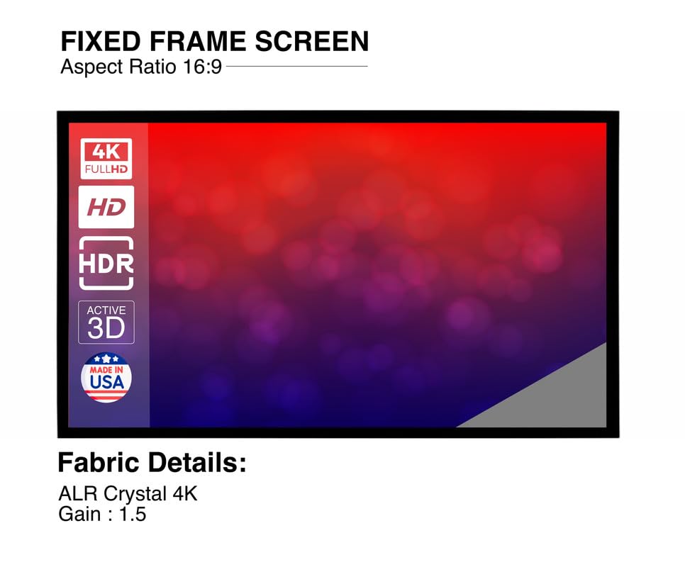 Image of Fixed Frame Projector Screen 16:9 Aspect Ratio, 1.5 Gain Active 3D 4K Ultra HD Projection Screen for Classroom, Office & Home Theater (ALR Crystal 4K, 133 Inch)