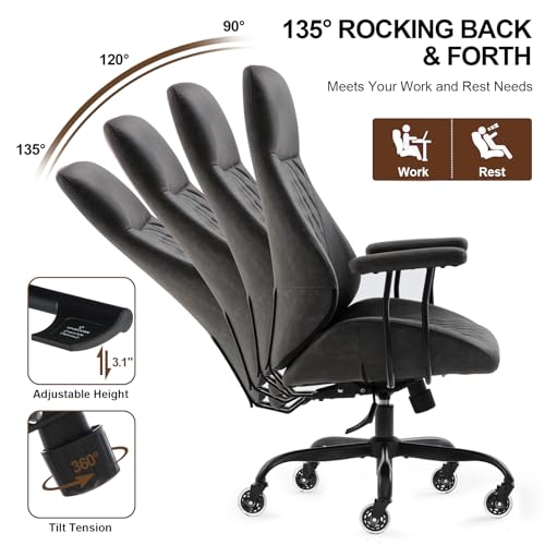 Image of E-Motie Leather Office Chair, Mid Century Modern Desk Chair, Dark Grey | Ergonomic, Lumbar Support, 360 Swivel & Rolling Wheels, Adjustable Height, for Adults & Women