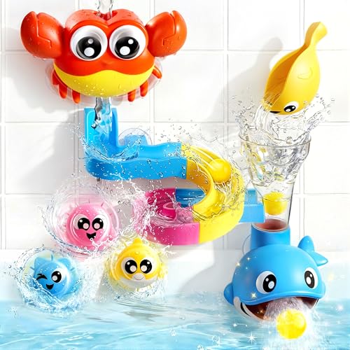 lalalark Bath Toys for Kids, 7-in-1 Shower Bathtub Toy with Crab, Whale, Rotating Fish & Slide Track, Interactive Water Play Set with Pour & Spray Fun for Toddlers, Boys & Girls Gifts for Christmas