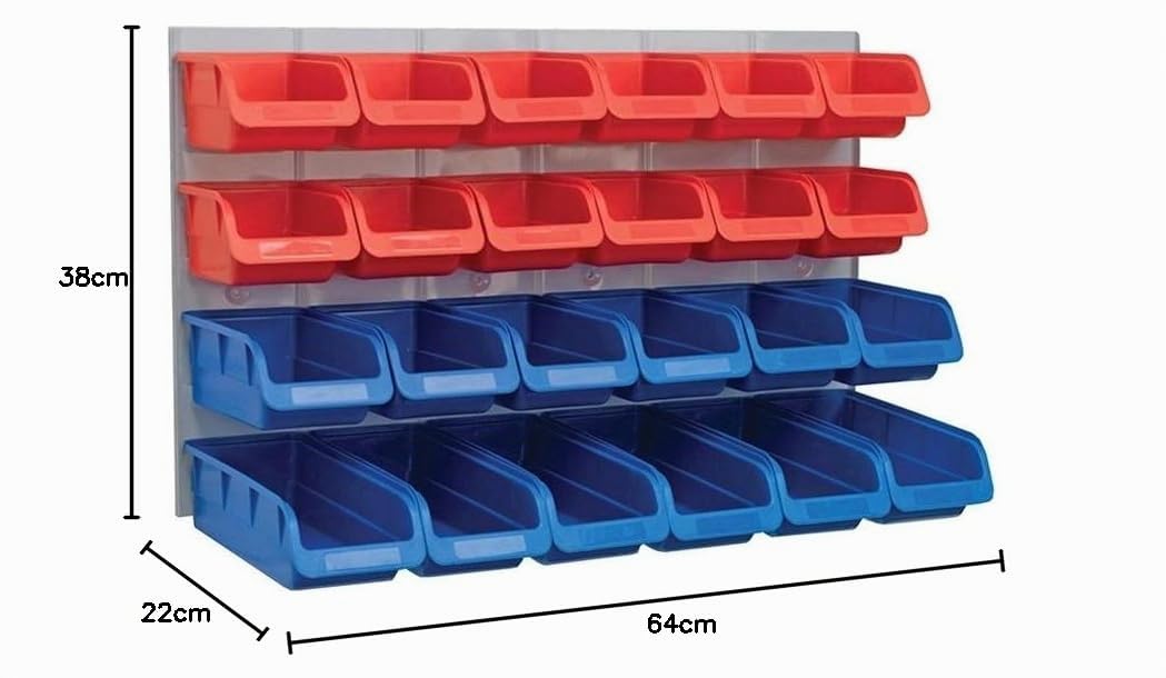 Faithfull 24 Contenitori da Parete con Pannello Posteriore in Metallo - Organizzatore di Ricambi in Plastica per Garage, Officina, Furgone o Capannone - 64 x 38 x 22 cm