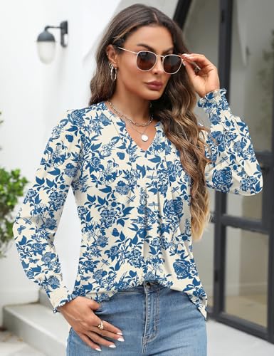Bashafo Womens Tops 2025 Long Sleeve Shirt for Women Tunic Blouses Spring Womens Fashion Trendy Apricot Blue Floral XL
