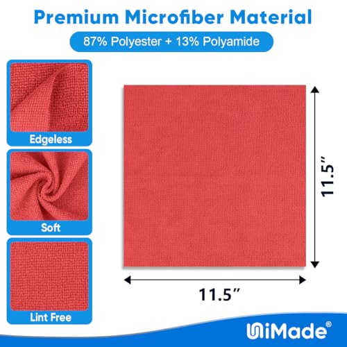 UNIMADE Shop Towels Rags, 50 Pack Reusable Shop Rags Bulk Microfiber Cleaning Cloth Lint Free Cleaning Towels for Car Kitchen Automotive Bar Mechanic Restaurant Garage, 11.5"x 11.5", Red - Thumbnail 2