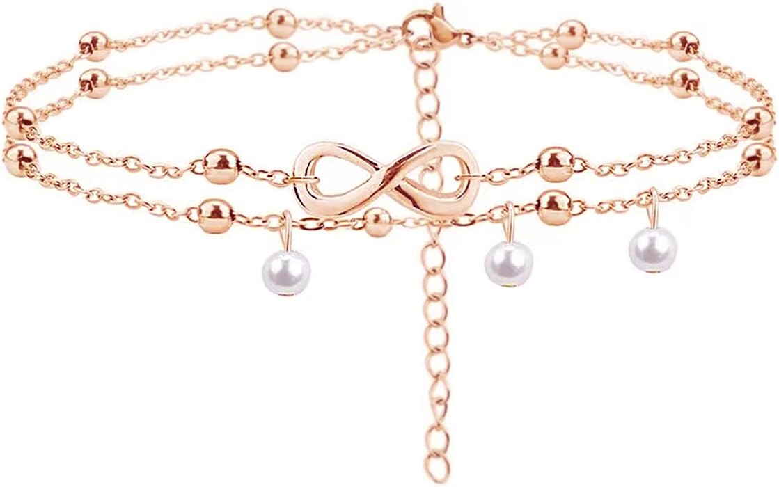 Jean Beau Infinity Beach Anklet bracelet for Women Teen Boho Waterproof Double Layered Dainty Beads Chain Charm Ankle Pearl dangling foot Jewelry Gift