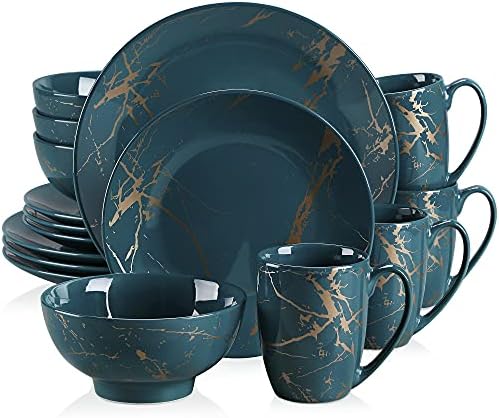Porcelain Dish Set for 4, 16 Piece Color Glaze with Gold Plate Crockery Set, LOVECASA, Kitchen Dinnerware Set with Dinner Plates, Dessert Plate, Bowls and Mugs, Service for 4, Blackish Green