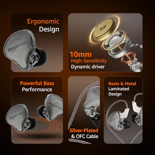 Image of Amazon Basics Pro Series IEM Wired Earphones | HiFi Dynamic Driver |3.5 mm Plug | Silver-Plated OFC Cable | 0.75mm Detachable Cable | 3.5mm Plug | for Audiophiles & Musicians | Black