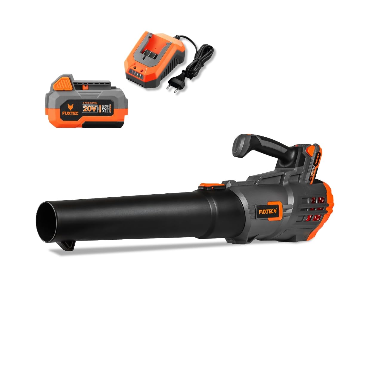 Soffiatore a batteria 20V FUXTEC FX-E1LB20, SET con Batteria 4 Ah e caricatore 2,4 A, velocita’ aria 38m/s, leggero e silenzioso- soffiafoglie per la cura del vostro giardino