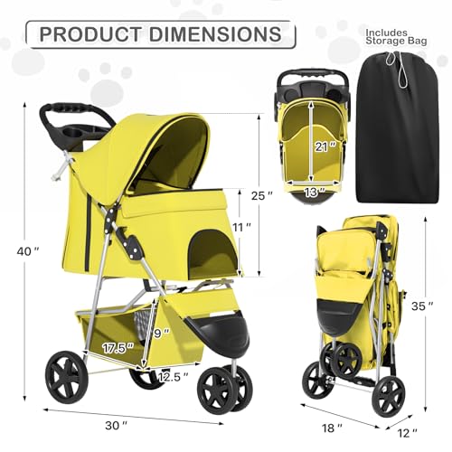 Image of MoNiBloom Foldable Pet Stroller with Waterproof Cover, 3-Wheels Dog Strolling Cart for Small /Medium Dogs and Cats with Storage Basket and Cup Holder, Breathable and Visible Mesh for All-Season, Yellow